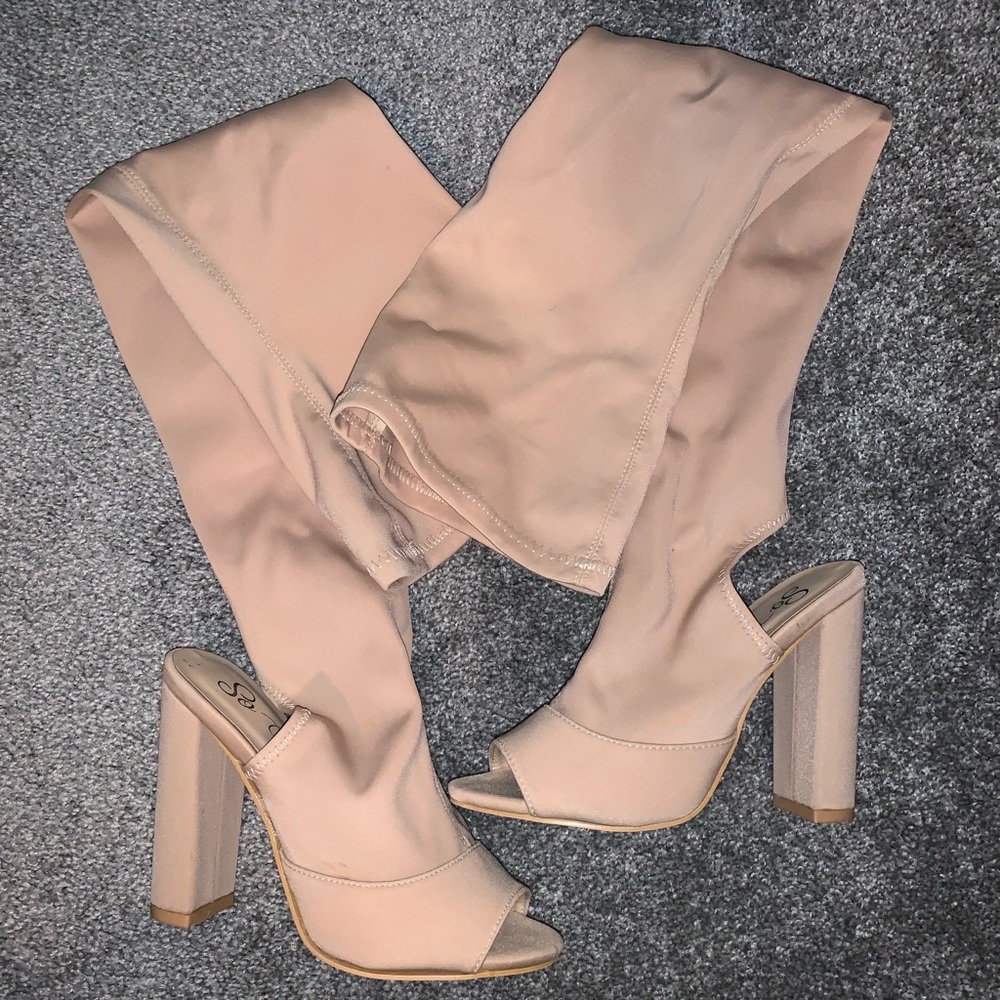 Beige knee high heels